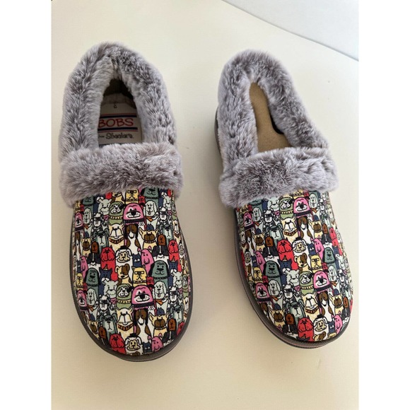 Skechers BOBS Too Cozy Snuggle Rovers Slipper Shoes Dog Print Faux Fur Women's 9 - Picture 2 of 10